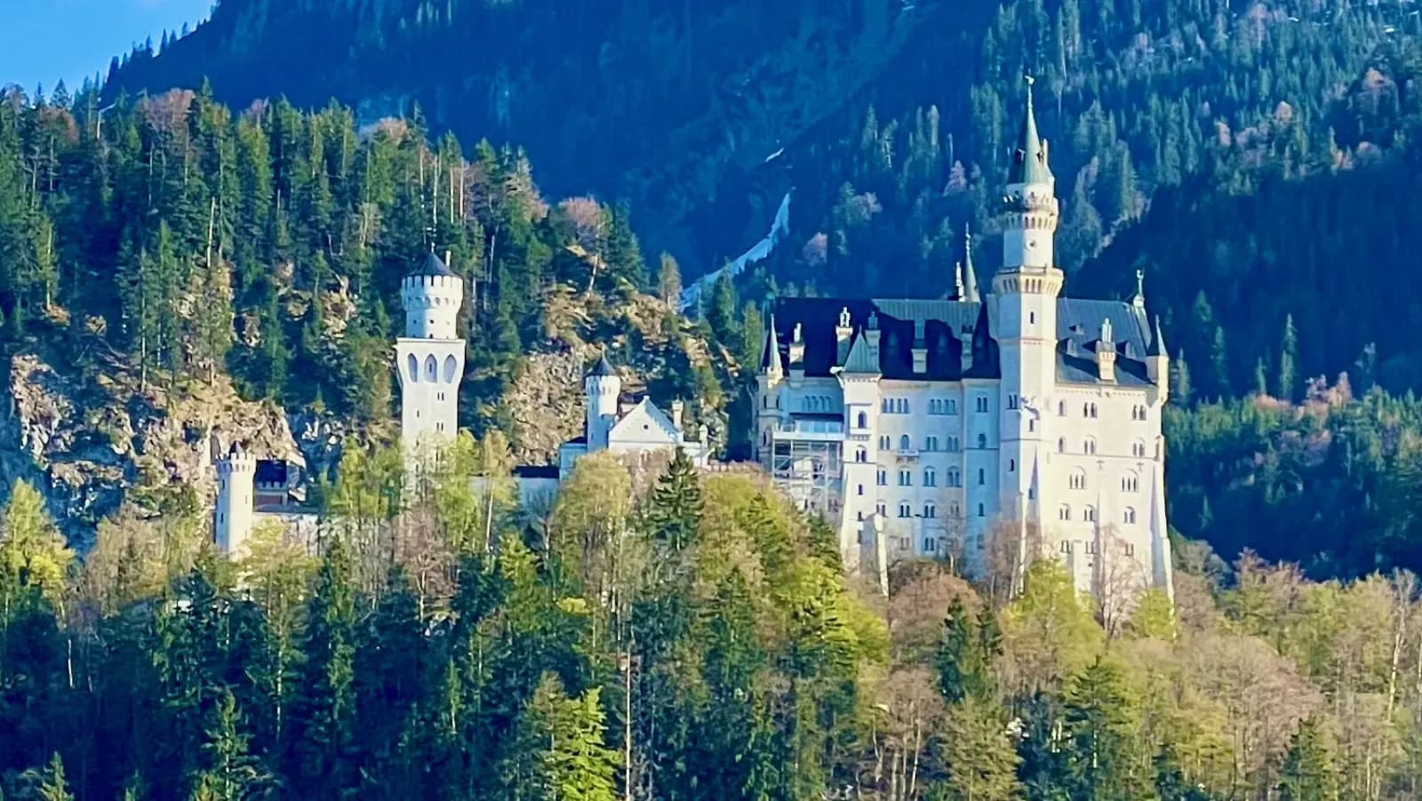 Close view of Neuschwanstein Castle above the forest