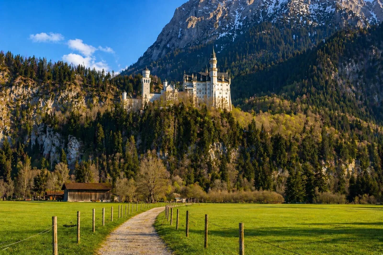 Neuschwanstein Castle above a green meadow path